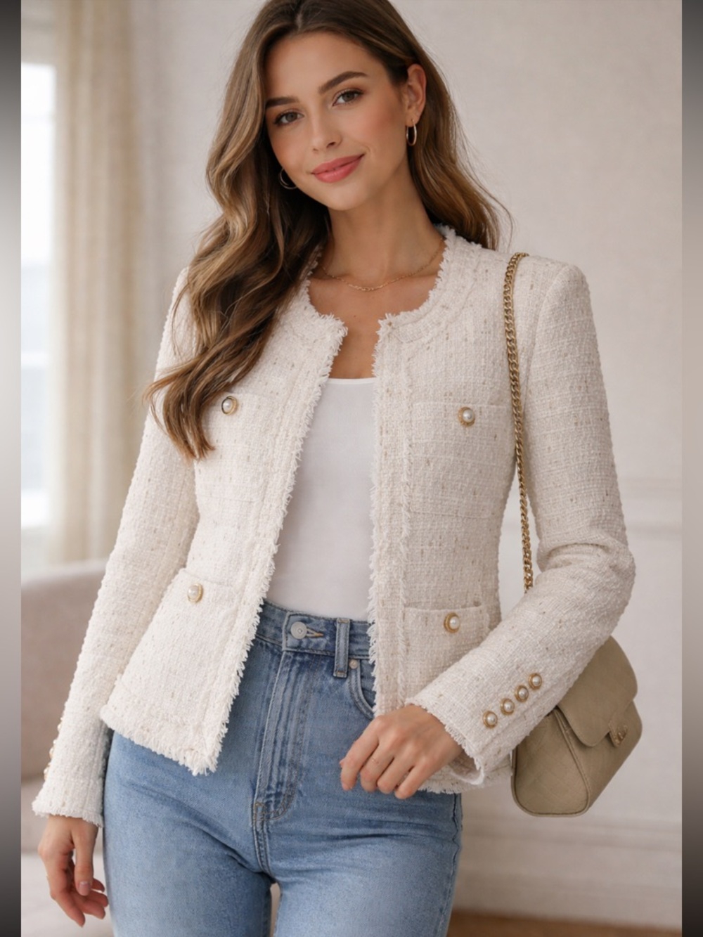 NWT Nanette Lepore Tweed Jacket w/Faux Pearl Buttons in Cream/Gold sz M